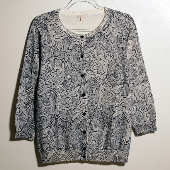 Talbots Navy Cream Paisley 100% Cotton Cardigan Sweater L 3/4 Sleeve Classic NWT - Picture 2 of 5